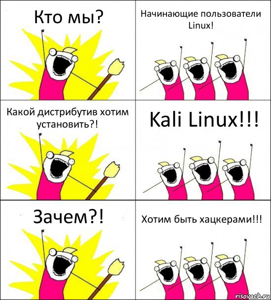 Кто мы? Начинающие пользователи Linux! Какой дистрибутив хотим установить?! Kali Linux!!! Зачем?! Хотим быть хацкерами!!!