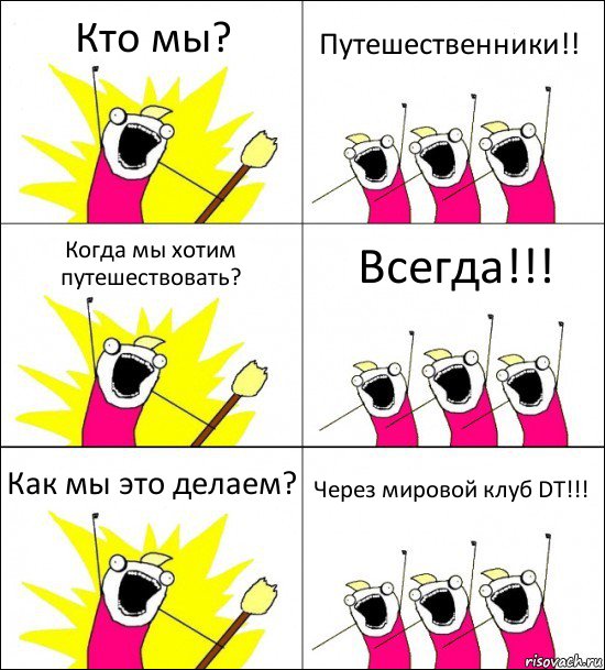 Кто мы? Путешественники!! Когда мы хотим путешествовать? Всегда!!! Как мы это делаем? Через мировой клуб DT!!!