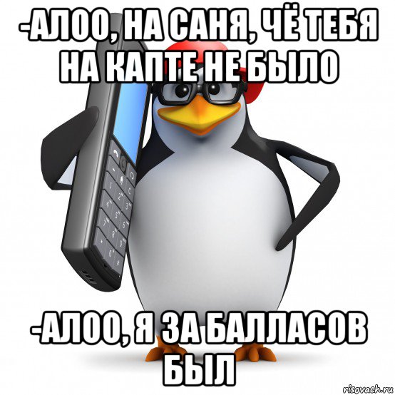 -алоо, на саня, чё тебя на капте не было -алоо, я за балласов был, Мем   Пингвин звонит