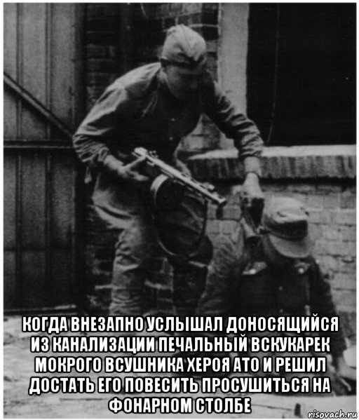  когда внезапно услышал доносящийся из канализации печальный вскукарек мокрого всушника хероя ато и решил достать его повесить просушиться на фонарном столбе