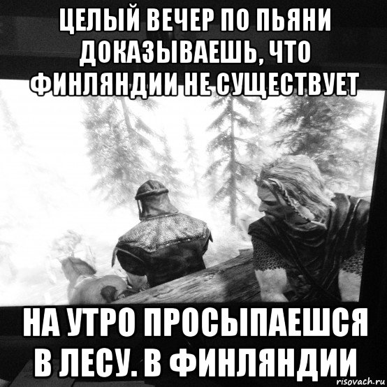 целый вечер по пьяни доказываешь, что финляндии не существует на утро просыпаешся в лесу. в финляндии, Мем Скайрим