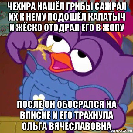 чехира нашёл грибы сажрал их к нему подошёл капатыч и жёско отодрал его в жопу после он обосрался на вписке и его трахнула ольга вячеславовна
