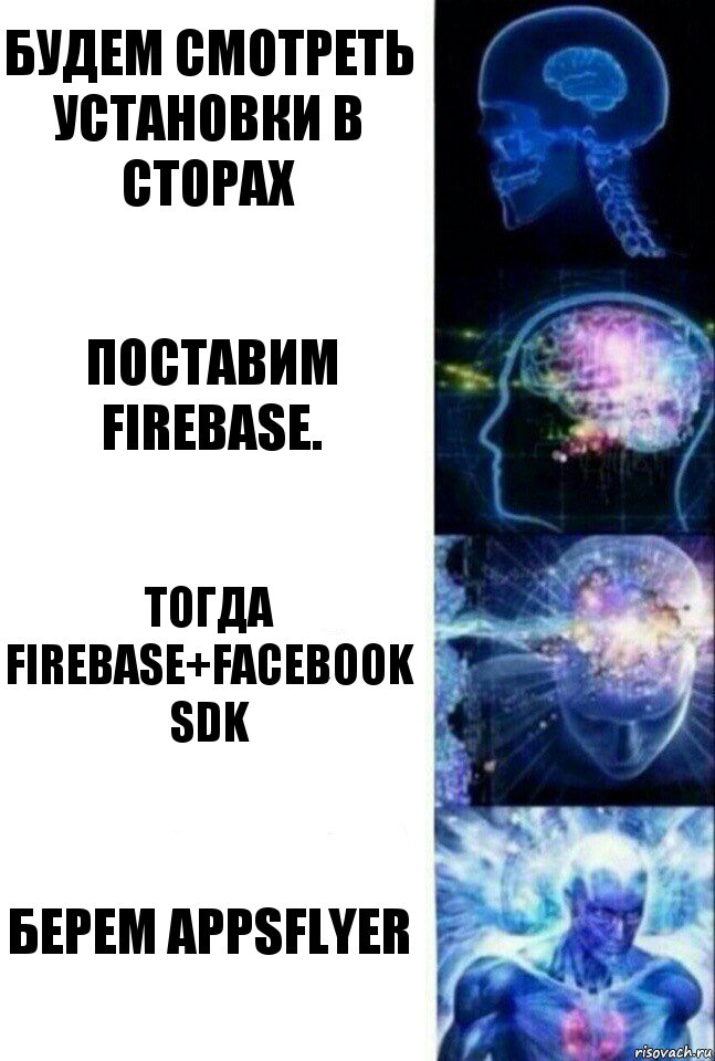 Будем смотреть установки в сторах Поставим Firebase. Тогда Firebase+Facebook SDK Берем AppsFlyer, Комикс  Сверхразум