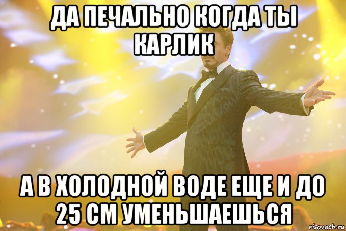 да печально когда ты карлик а в холодной воде еще и до 25 см уменьшаешься, Мем Тони Старк (Роберт Дауни младший)