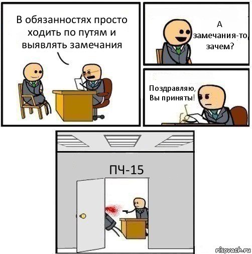 В обязанностях просто ходить по путям и выявлять замечания А замечания-то зачем? Поздравляю, Вы приняты! ПЧ-15, Комикс   Не приняты