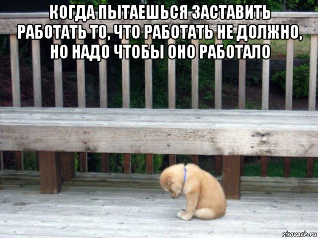 когда пытаешься заставить работать то, что работать не должно, но надо чтобы оно работало , Мем Грустная собака