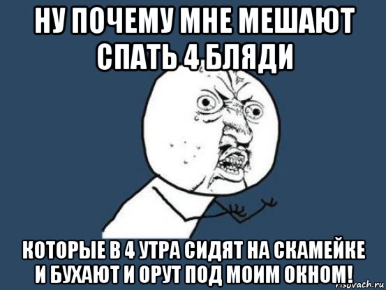 ну почему мне мешают спать 4 бляди которые в 4 утра сидят на скамейке и бухают и орут под моим окном!, Мем Ну почему