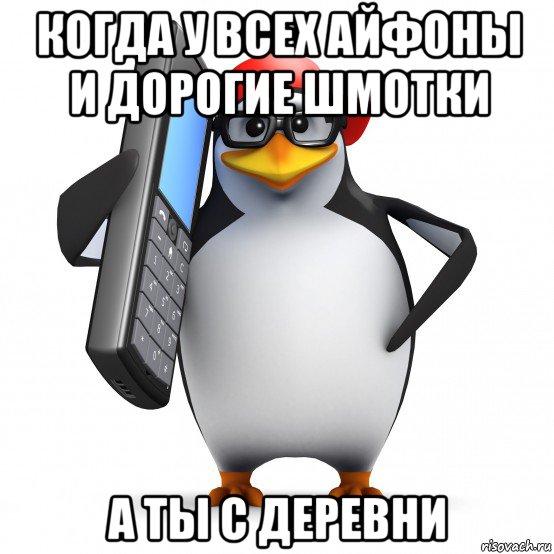 когда у всех айфоны и дорогие шмотки а ты с деревни, Мем   Пингвин звонит