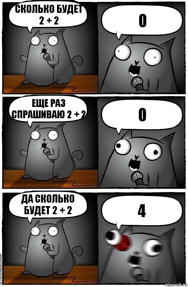 Сколько будет 2 + 2 О Еще раз спрашиваю 2 + 2 О ДА СКОЛЬКО БУДЕТ 2 + 2 4, Комикс  Стендап-кот