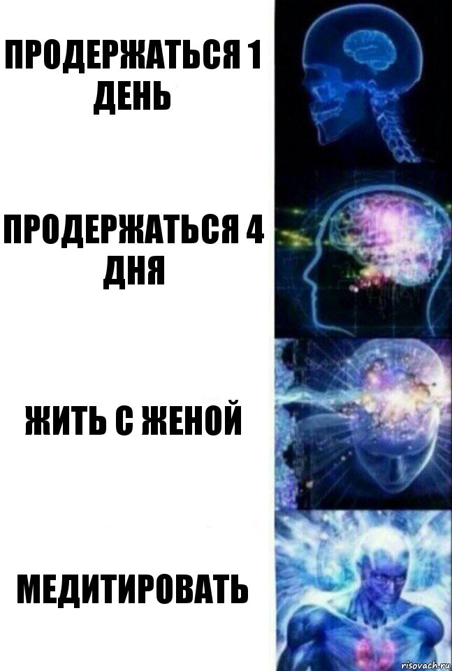 ПРОДЕРЖАТЬСЯ 1 ДЕНЬ ПРОДЕРЖАТЬСЯ 4 ДНЯ ЖИТЬ С ЖЕНОЙ МЕДИТИРОВАТЬ, Комикс  Сверхразум