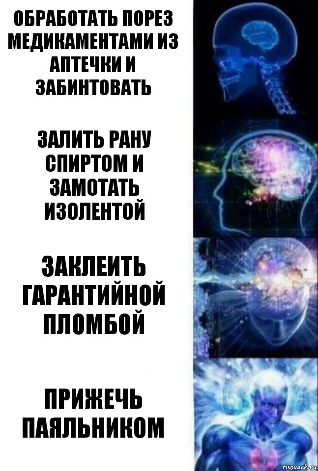 обработать порез медикаментами из аптечки и забинтовать залить рану спиртом и замотать изолентой заклеить гарантийной пломбой прижечь паяльником, Комикс  Сверхразум