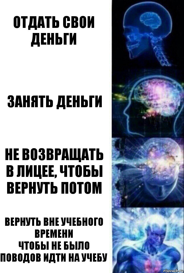 Отдать свои деньги Занять деньги Не возвращать в лицее, чтобы вернуть потом Вернуть вне учебного времени
Чтобы не было поводов идти на учебу, Комикс  Сверхразум