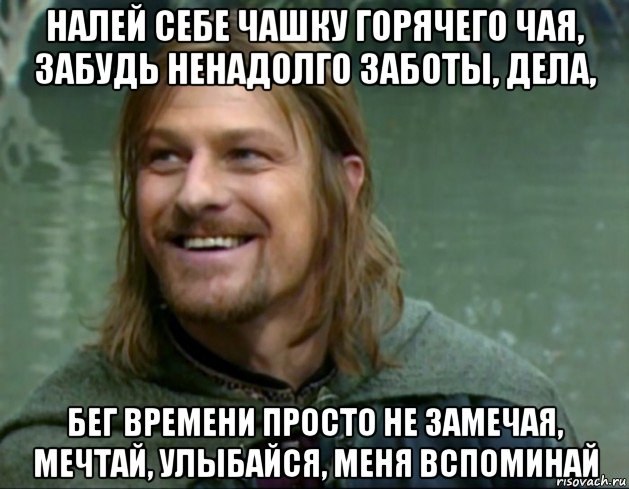 налей себе чашку горячего чая, забудь ненадолго заботы, дела, бег времени просто не замечая, мечтай, улыбайся, меня вспоминай, Мем Тролль Боромир