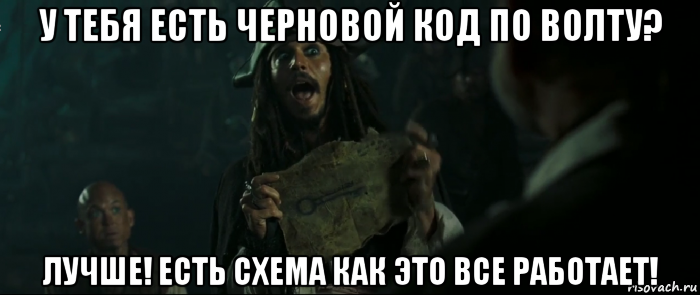 у тебя есть черновой код по волту? лучше! есть схема как это все работает!, Мем Капитан Джек Воробей и изображение ключа