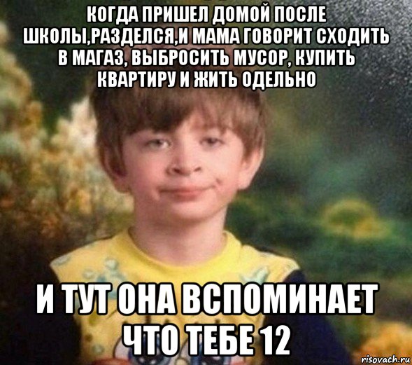 когда пришел домой после школы,разделся,и мама говорит сходить в магаз, выбросить мусор, купить квартиру и жить одельно и тут она вспоминает что тебе 12, Мем Недовольный пацан