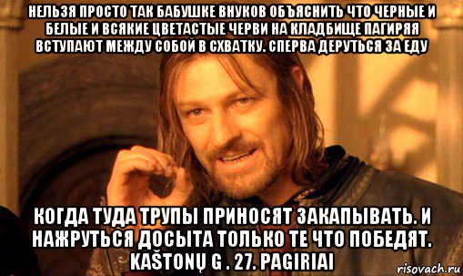 нельзя просто так бабушке внуков объяснить что черные и белые и всякие цветастые черви на кладбище пагиряя вступают между собой в схватку. сперва деруться за еду когда туда трупы приносят закапывать. и нажруться досыта только те что победят. kaštonų g . 27. pagiriai, Мем Нельзя просто так взять и (Боромир мем)