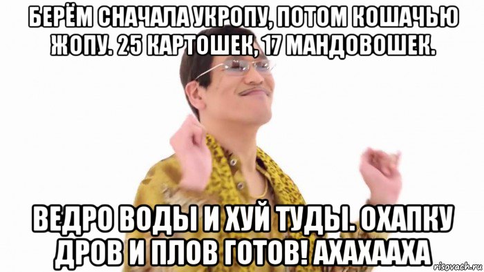 берём сначала укропу, потом кошачью жопу. 25 картошек, 17 мандовошек. ведро воды и хуй туды. охапку дров и плов готов! ахахааха, Мем    PenApple