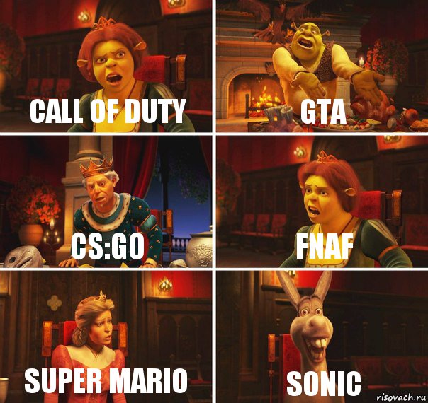 Call of Duty GTA CS:GO FNAF Super Mario Sonic, Комикс  Шрек Фиона Гарольд Осел