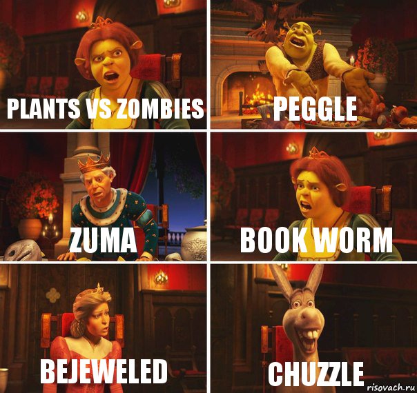 Plants vs Zombies Peggle Zuma Book Worm Bejeweled Chuzzle, Комикс  Шрек Фиона Гарольд Осел