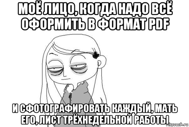 моё лицо, когда надо всё оформить в формат pdf и сфотографировать каждый, мать его, лист трёхнедельной работы