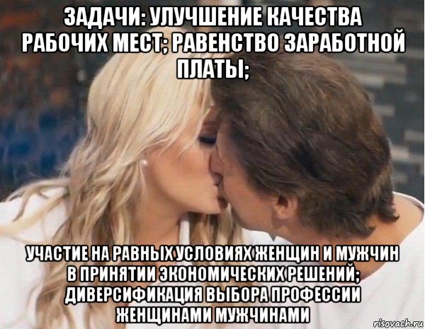 задачи: улучшение качества рабочих мест; равенство заработной платы; участие на равных условиях женщин и мужчин в принятии экономических решений; диверсификация выбора профессии женщинами мужчинами