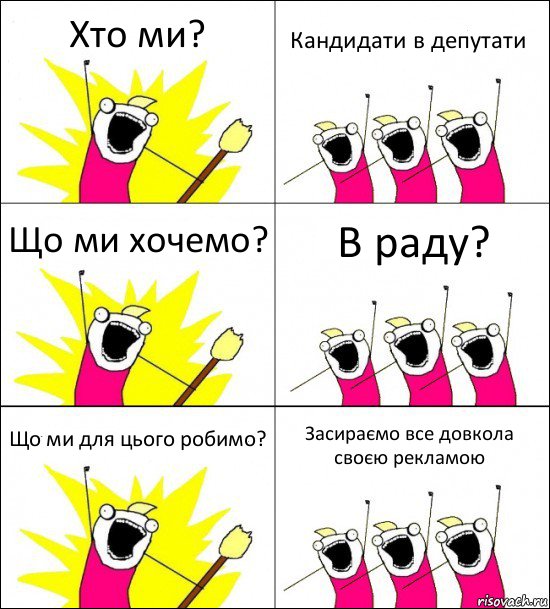 Хто ми? Кандидати в депутати Що ми хочемо? В раду? Що ми для цього робимо? Засираємо все довкола своєю рекламою, Комикс кто мы