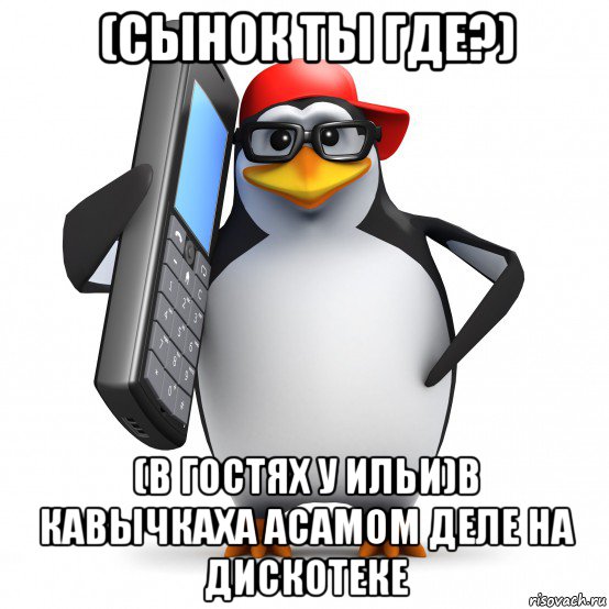 (сынок ты где?) (в гостях у ильи)в кавычкаха асамом деле на дискотеке, Мем   Пингвин звонит