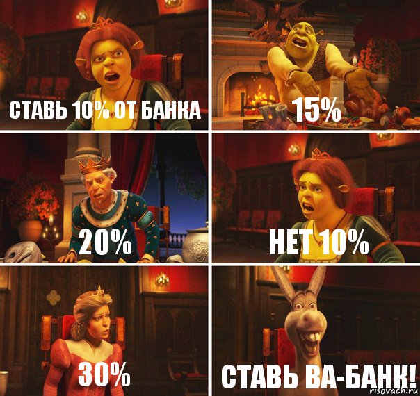 ставь 10% от банка 15% 20% нет 10% 30% ставь ВА-БАНК!, Комикс  Шрек Фиона Гарольд Осел