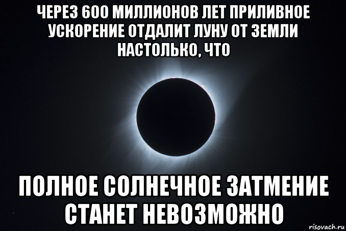 через 600 миллионов лет приливное ускорение отдалит луну от земли настолько, что полное солнечное затмение станет невозможно