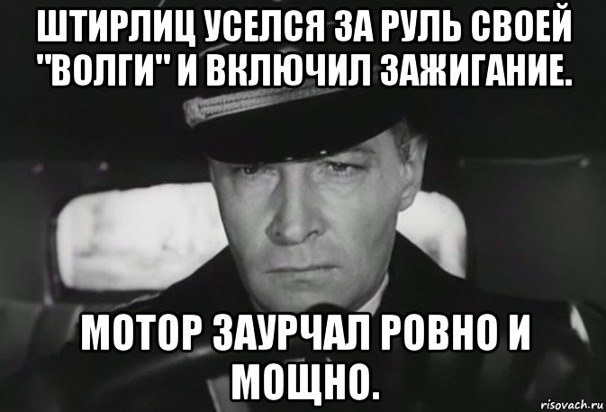 штирлиц уселся за руль своей "волги" и включил зажигание. мотор заурчал ровно и мощно., Мем 1