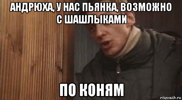 андрюха, у нас пьянка, возможно с шашлыками по коням
