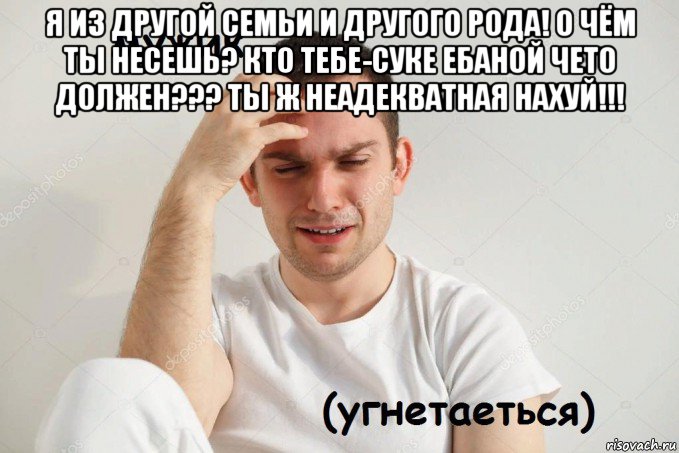 я из другой семьи и другого рода! о чём ты несешь? кто тебе-суке ебаной чето должен??? ты ж неадекватная нахуй!!! 