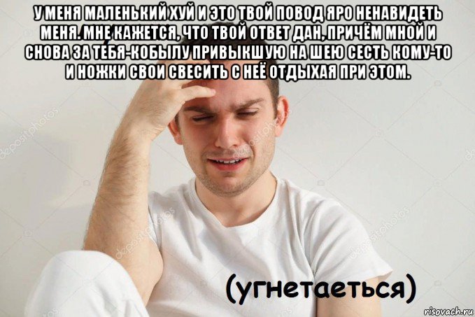 у меня маленький хуй и это твой повод яро ненавидеть меня. мне кажется, что твой ответ дан, причём мной и снова за тебя-кобылу привыкшую на шею сесть кому-то и ножки свои свесить с неё отдыхая при этом. 