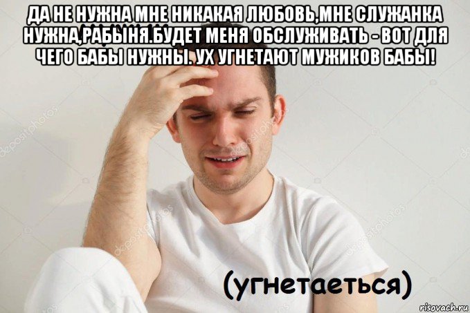 да не нужна мне никакая любовь,мне служанка нужна,рабыня.будет меня обслуживать - вот для чего бабы нужны. ух угнетают мужиков бабы! 