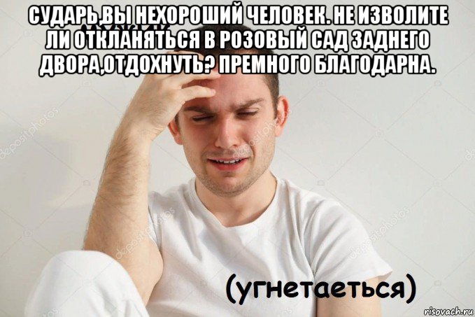 сударь,вы нехороший человек. не изволите ли откланяться в розовый сад заднего двора,отдохнуть? премного благодарна. 