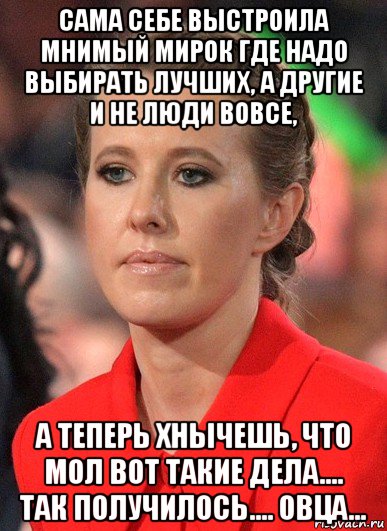 сама себе выстроила мнимый мирок где надо выбирать лучших, а другие и не люди вовсе, а теперь хнычешь, что мол вот такие дела.... так получилось.... овца...