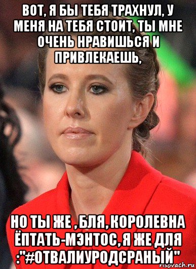 вот, я бы тебя трахнул, у меня на тебя стоит, ты мне очень нравишься и привлекаешь, но ты же , бля, королевна ёптать-мэнтос, я же для :"#отвалиуродсраный"