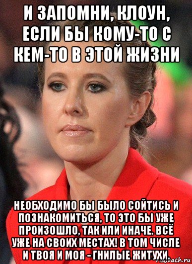 и запомни, клоун, если бы кому-то с кем-то в этой жизни необходимо бы было сойтись и познакомиться, то это бы уже произошло, так или иначе. всё уже на своих местах! в том числе и твоя и моя - гнилые житухи.