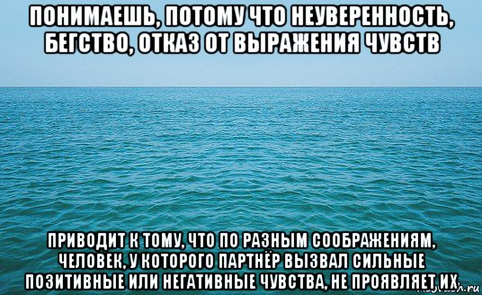 понимаешь, потому что неуверенность, бегство, отказ от выражения чувств приводит к тому, что по разным соображениям, человек, у которого партнёр вызвал сильные позитивные или негативные чувства, не проявляет их, Мем Море