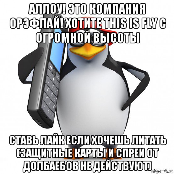 аллоу! это компания орэфлай! хотите this is fly с огромной высоты ставь лайк если хочешь литать (защитные карты и спреи от долбаебов не действуют), Мем   Пингвин звонит