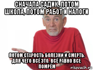 сначала садик, потом школа, потом работ и налоги потом старость болезни и смерть. для чего всё это, всё равно все помрём