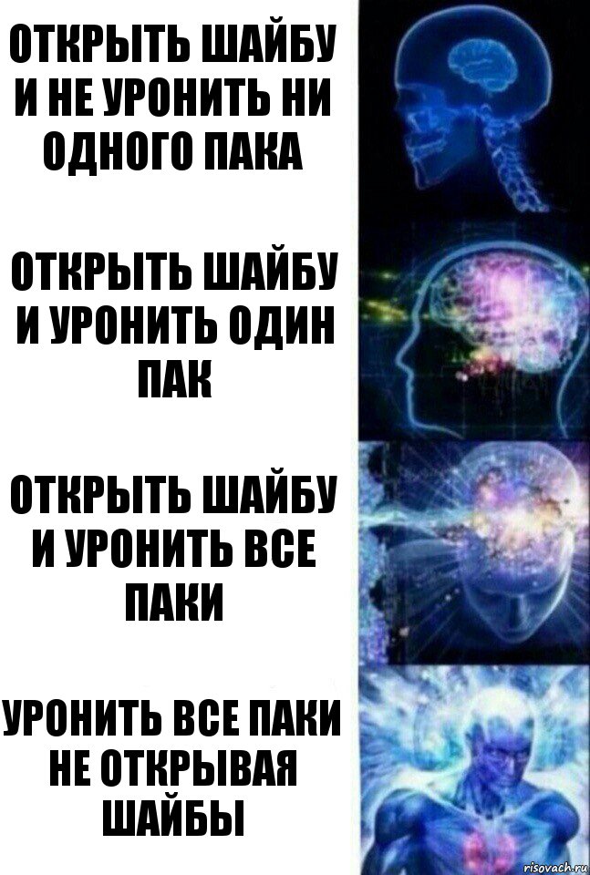 Открыть шайбу и не уронить ни одного пака Открыть шайбу и уронить один пак Открыть шайбу и уронить все паки Уронить все паки не открывая шайбы, Комикс  Сверхразум