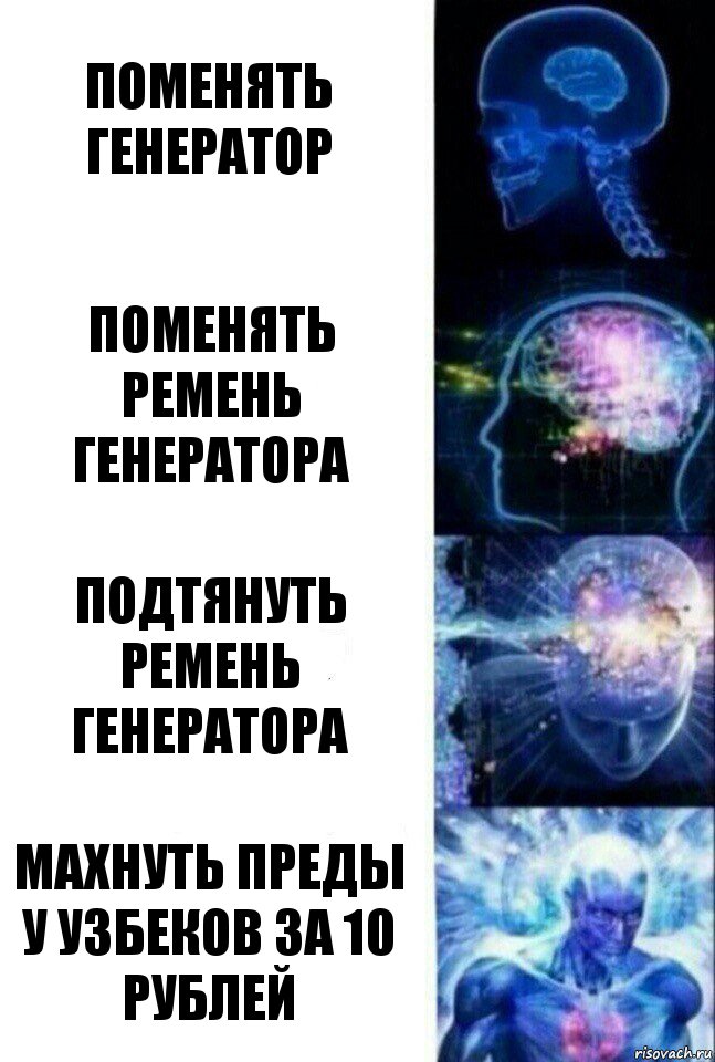 Поменять генератор Поменять ремень генератора Подтянуть ремень генератора Махнуть преды у узбеков за 10 рублей, Комикс  Сверхразум