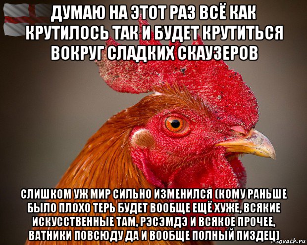 думаю на этот раз всё как крутилось так и будет крутиться вокруг сладких скаузеров слишком уж мир сильно изменился (кому раньше было плохо терь будет вообще ещё хуже, всякие искусственные там, рэсэмдэ и всякое прочее, ватники повсюду да и вообще полный пиздец)