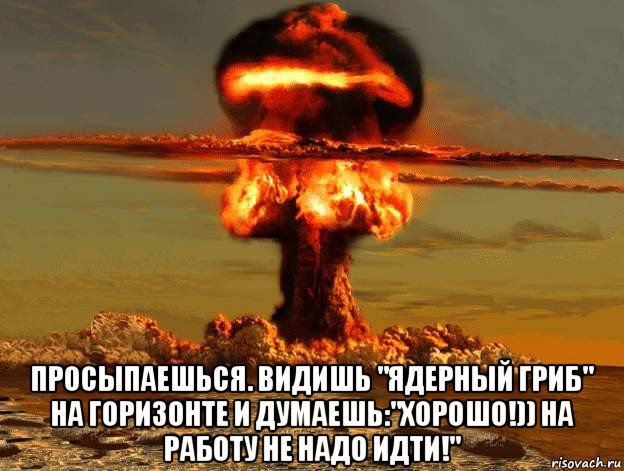  просыпаешься. видишь "ядерный гриб" на горизонте и думаешь:"хорошо!)) на работу не надо идти!", Мем Ядерный взрыв