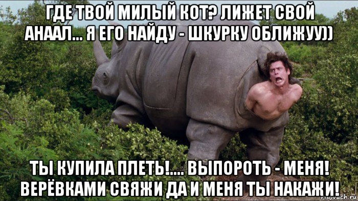 где твой милый кот? лижет свой анаал... я его найду - шкурку оближуу)) ты купила плеть!.... выпороть - меня! верёвками свяжи да и меня ты накажи!