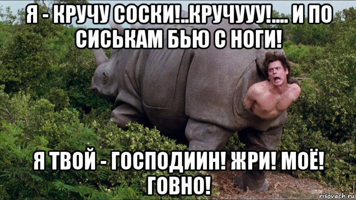 я - кручу соски!..кручууу!.... и по сиськам бью с ноги! я твой - господиин! жри! моё! говно!