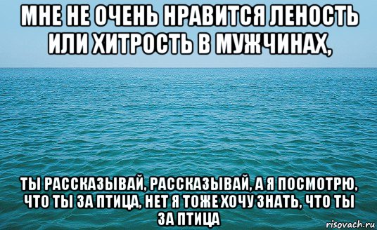 мне не очень нравится леность или хитрость в мужчинах, ты рассказывай, рассказывай, а я посмотрю, что ты за птица, нет я тоже хочу знать, что ты за птица, Мем Море