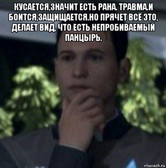 кусается,значит есть рана. травма.и боится,защищается.но прячет всё это, делает вид, что есть непробиваемый панцырь. 
