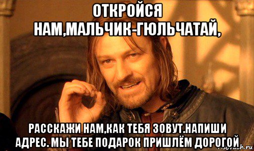 откройся нам,мальчик-гюльчатай, расскажи нам,как тебя зовут.напиши адрес. мы тебе подарок пришлём дорогой, Мем Нельзя просто так взять и (Боромир мем)